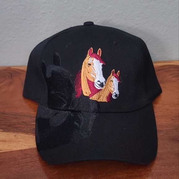 Black Embroidered Horse Hat One Size Velcro Back - Picture 1 of 4